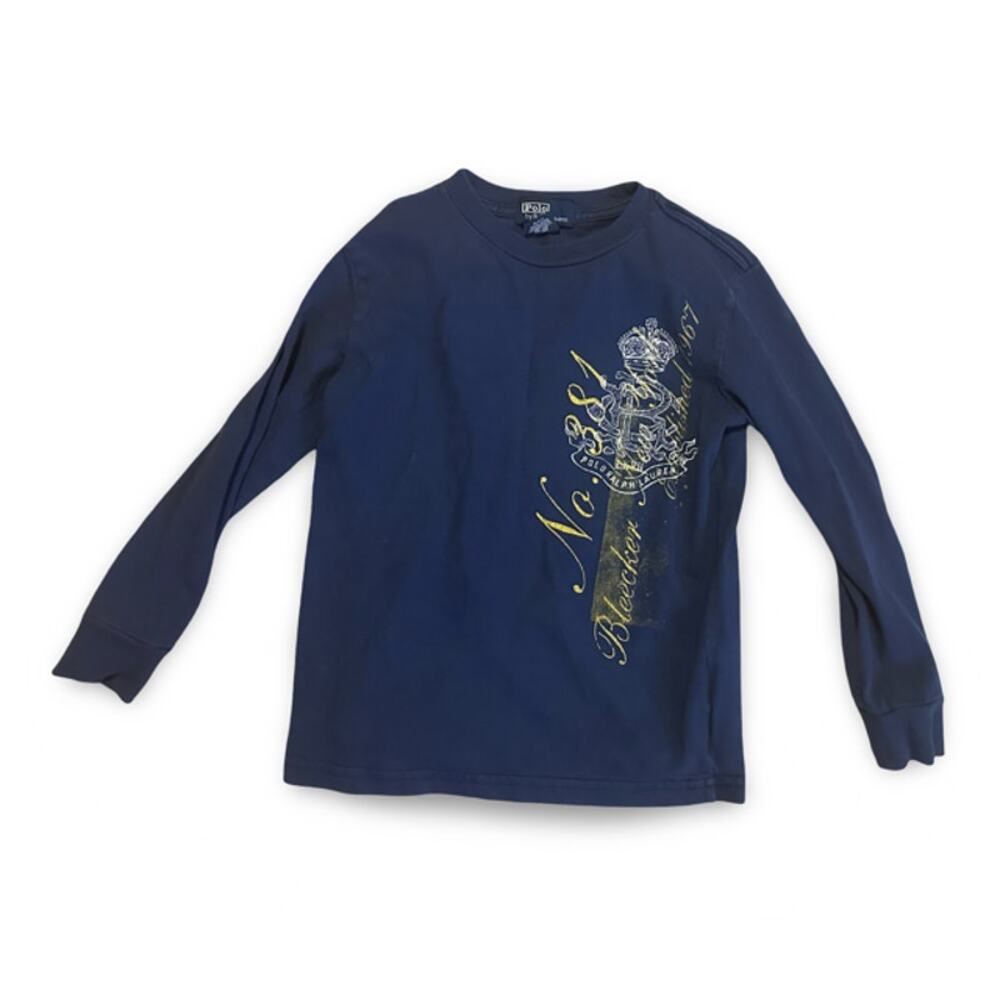 Polo Ralph Lauren Boys Long Sleeve Shirt Size 5 Blue Gold Graphic Tee
